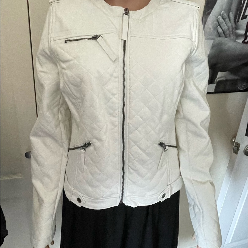 XOXO Quilted White Faux Leather Moto Jacket, size L, NWT